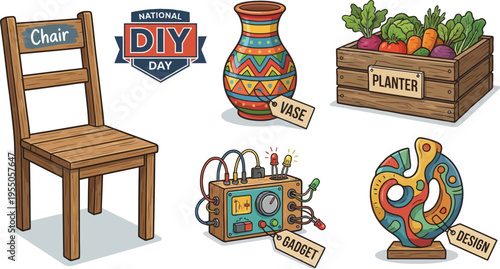 A collection of diverse handcrafted and electronic items including a wooden chair, patterned vase, and gardening planter represent DIY activities.