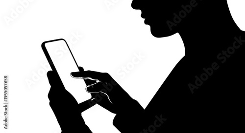 Silhouette of a person using a smartphone with a blank white screen