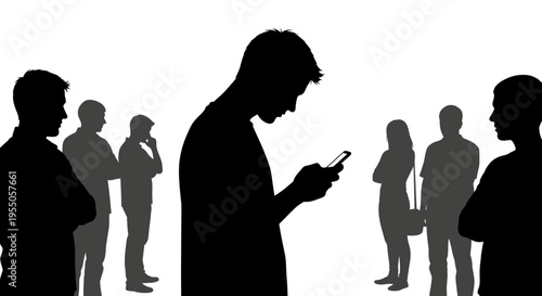 Silhouettes of People Using Mobile Phones in a Crowd