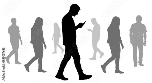 Silhouettes of People Walking and Using Smartphones in a Crowd