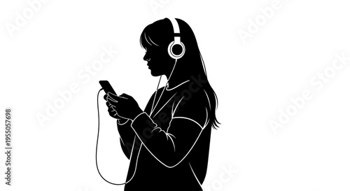 Silhouette of a young woman listening to music with headphones and smartphone
