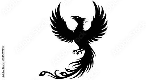 Black Silhouette of a Mythical Phoenix Bird Rising with Spread Wings