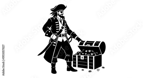 Black and White Pirate Standing Next to an Open Treasure Chest