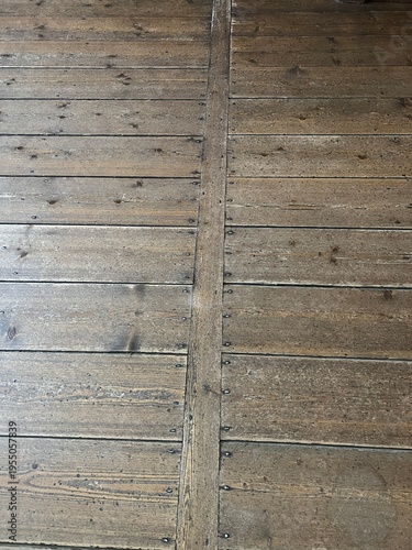 A hardwood floor with exposed nailheads