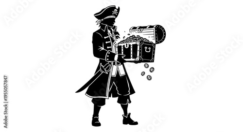 Black Silhouette of a Pirate Holding a Treasure Chest