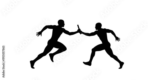 Silhouette of Two Athletes Passing a Relay Baton