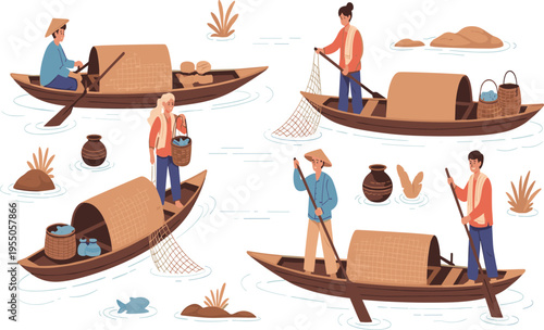 Traditional Asian Fishermen on Wooden Boats with Nets and Baskets Vector Illustration Set for Cultural Heritage Agriculture and Local River Market Life Designs