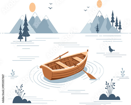 Wooden Rowboat on Calm Lake with Mountain Landscape and Pine Trees Vector Illustration for Outdoor Adventure Nature Travel and Serene Wilderness Background Designs