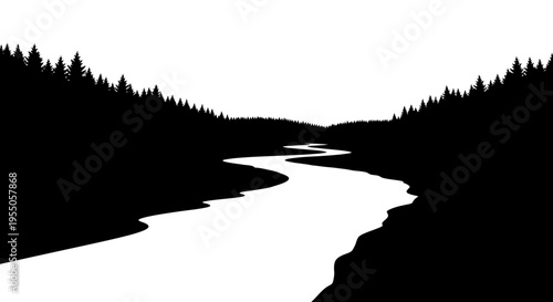 Black and White Silhouette of a Winding River Through a Forest Landscape