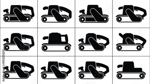 Twelve Black Silhouette Images of a Belt Sander on a White Background tool equipment