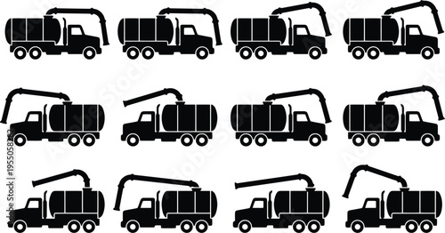 Twelve Black Silhouettes of Vacuum Trucks with Articulated Hoses on White Backgrounds septic truck sewer truck