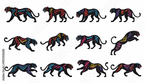 Set of horse silhouettes in different poses showing running riding and jumping in a clean vector style