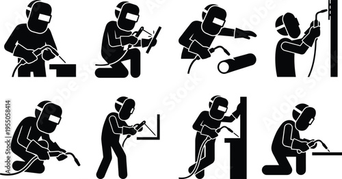 Welder Icon Set Showing Different Poses and Actions on White Background illustration