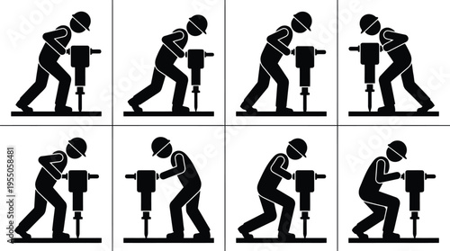 Icon Set of a Construction Worker Operating a Jackhammer in Various Poses Keywords: construction, worker, jackhammer, icon, silhouette, pictogram, drilling, breaking, ground, pavement, roadwork