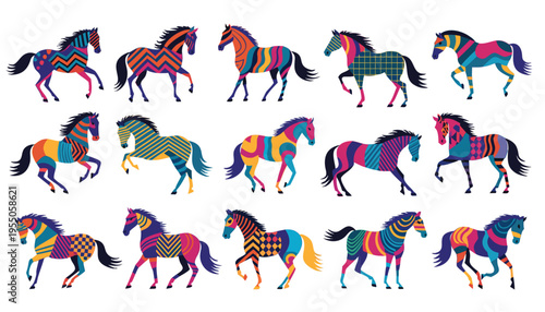 Seamless vector pattern of running horse silhouettes in black showing wild and farm animals in a simple background design
