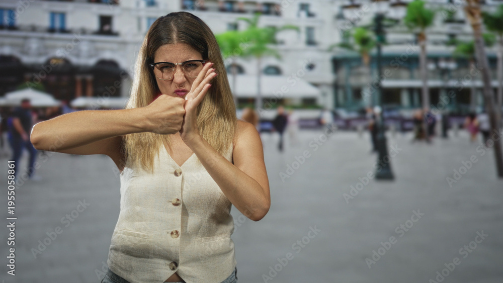 Fototapeta premium Woman using hands to sign with mouth open in a busy street plaza with blurred passersby and palm trees in view; communication concentration.