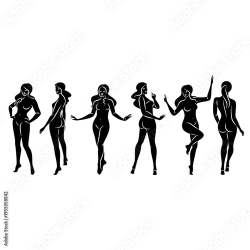 Silhouette of a nice lady, she is standing. The girl has a beautiful naked figure. The woman is a young sexy and slender model. Vector illustration.