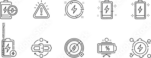Battery Energy and Power Charging Management Line Icons Set
