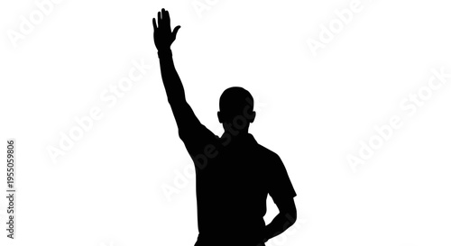 Silhouette of a man raising his hand against a white background