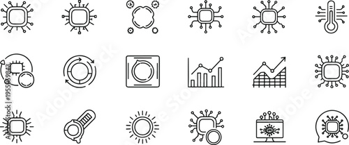 Computer CPU Processor and Hardware Technology Line Icons Set