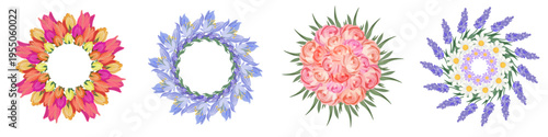 Collection of four colorful floral wreaths featuring tulips, roses, lavender, and daisies. Perfect for wedding invitations, cards, and branding design.