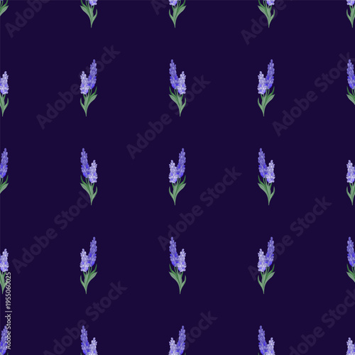 Seamless vector pattern with lavender spring flowers arranged in neat rows on dark purple background. Decorative geometric floral repeat for textile and print.