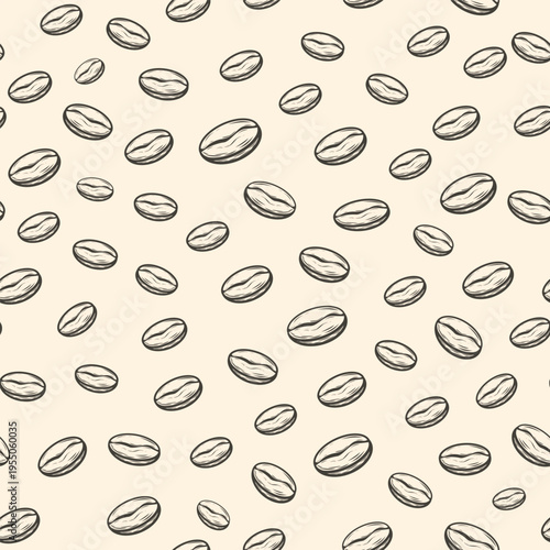 Seamless vector pattern with botanical coffee wreath in line art style on beige background. Minimal hand drawn design for cafe branding, packaging and print.