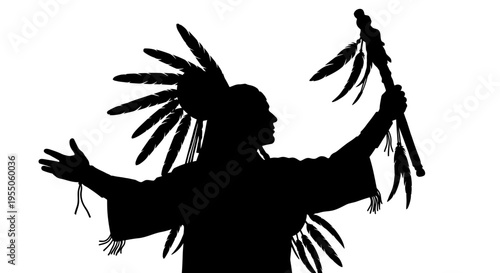 Native American Chief Silhouette with Headdress and Ceremonial Staff