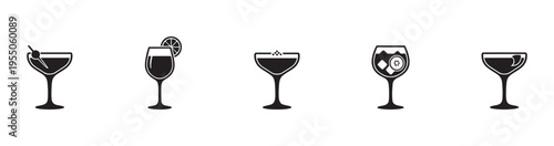 Cocktails in various glasses icon set. Martini, aperol spritz, margarita, old fashioned, and sling silhouettes. Vector Illustration.