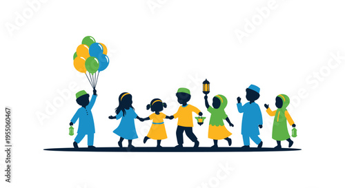 A joyful group of children celebrating with balloons and lanterns against a mosque silhouette high quality