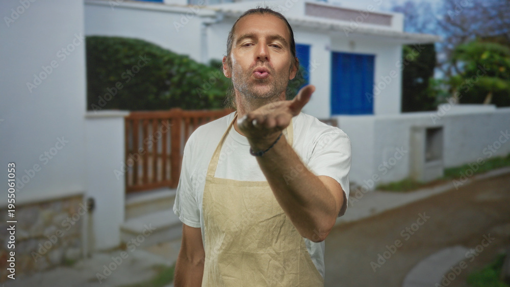 Fototapeta premium Man blows kiss with bare hand at white building entrance under sunlit sky while smiling; welcome invitation warmth.