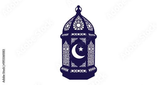 An ornate dark blue lantern featuring a crescent moon and star a striking silhouette high quality