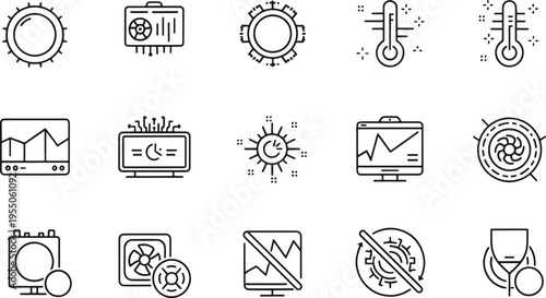 System Hardware Performance and Cooling Monitoring Line Icons Set