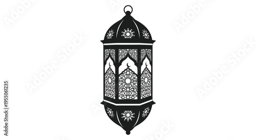 An ornate detailed black lantern with intricate geometric patterns presented as a silhouette high quality professional