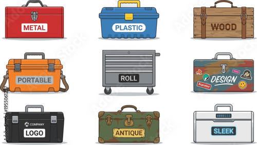 A grid display shows nine distinct toolboxes and storage chests made from different materials including metal, plastic, wood, and antique finishes.
