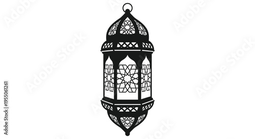 An ornate black lantern with intricate geometric patterns creating a striking silhouette high quality professional detailed