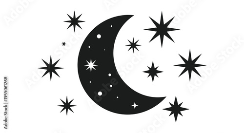 A dark crescent moon and twinkling stars create a nighttime scene shown as a silhouette