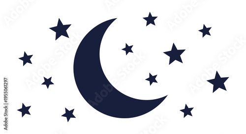 A dark navy crescent moon and scattered stars create a peaceful nighttime scene silhouette high quality