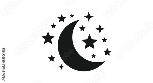A minimalist depiction of a crescent moon and stars in a striking black silhouette high quality