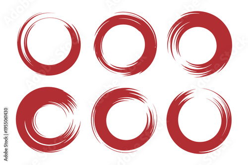 Six Red Brush Stroke Circles Collection Abstract Elements Isolated
