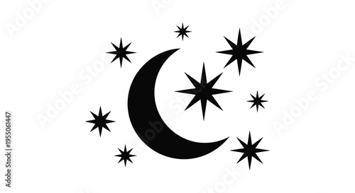 A crescent moon and several stars are depicted in a dark striking silhouette high quality professional