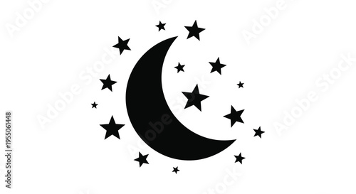 A crescent moon and scattered stars create a dark minimalist nighttime scene silhouette high quality professional
