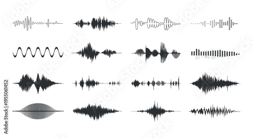 Sound Waveforms Collection Audio Signal Visualizations Music Spectrum Patterns Graphic Design Elements