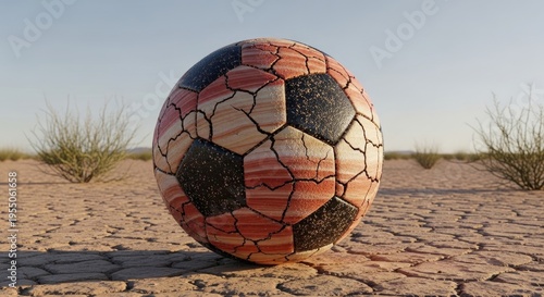 Abandoned soccer ball in desert landscape.