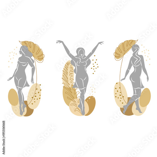 Collection. Silhouette of a cute lady and leaves of a plant. The girl is standing. The woman has a beautiful figure. She is young and slim. Vector illustration set.