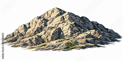 A scenic rocky mountain landscape with piles of stones under a bright sky near the coast