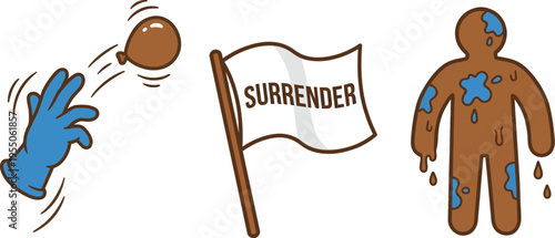 A gloved hand throws a water balloon near a white flag marked with the word surrender next to a muddy figure.