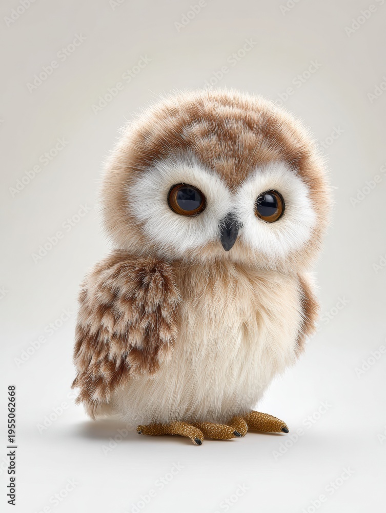 Obraz premium Fluffy baby owl chick with big eyes standing on white studio background close up portrait