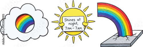 Cartoon weather phenomena including sun, cloud with rainbow, and rainbow arching to the ground are depicted on a white background.