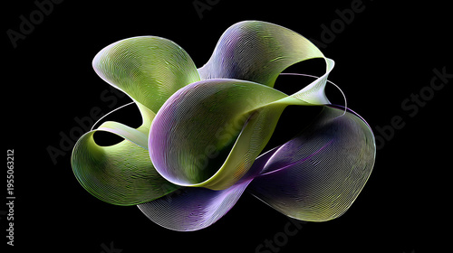 A green and purple abstract object with curved lines